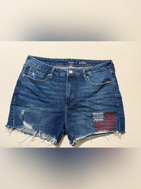 Old Navy Distressed Denim Shorts with American Flag Stitching - Blue, Red, White